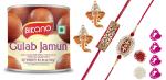 Feastive Celebrations Bikano Gulab Jamun With Kundan Stone Bhaiya Bhabhi Rakhi Loomba Set, Pair Of Ganesha Soan, Pooja Rakhi, Kesar And Chawal, 1000 Gm (Set Of 4)