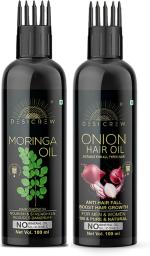 Desi Crew 100 Percent Pure Moringa and Onion Hair Oil with Comb Applicator Cold Pressed for Skin, Body and Hair Care 100 ml Each
