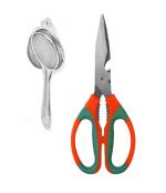 URBAN BUY Stainless Steel Tea Strainer With Multipurpose Heavy Scissor Stainless Steel Kitchen Scissor & Multicolour & (Pack of 2)