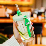 Aatisons Milk Glass with Straw, Glass Milk Cup with Measuring, Measuring Jug with Lid and Silicone Straw for Any Person, Heat-Resistant for Milk Juice Iced Tea Coffee for Microwave, 400ml, Elephant