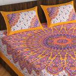 HOME@SHOP Jaipuri look Rajasthani Print Sanganeri Printed Cotton traditional Flat Double Bedsheet with 2 Pillow Covers Yellow (210X235)