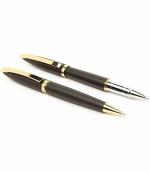 Ledos Black Metal Golden Trims Designer Fountain and Roller Ball Pen (Pack of 2)