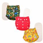 Deedry Oeko-Tex Certified Washable & Reusable Diapers with Adjustable Snap Buttons (One Size Perfect Fit), comes with Absorbent Inserts/Pads- (3Months- 3Years) (1 Red + 2 Print Diaper)