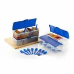 HARISHREE 4 IN 1 Plastic Masala Box for Kitchen Dabbe Transparent Pickle Condiment Containers Cosmetic Storage Box for Cereal, Dry Fruits, Spices Box with Spoon | Blue | Pack 2