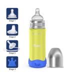 Dr.Flow 4 in 1 Omega+ Insulated ThermoSteel Baby Feeding Bottle with Anti-skid Bumper & Silicone Closing Disc 270ml/9oz Anti Colic Silicone Teat | 10Hrs. Hot & Cold | DF9013, Yellow Color
