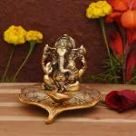 CraftVatika Ganesha on Leaf - Ganesh with Diya - Home Temple Pooja Mandir Diwali Decoration Item