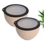 Eha Earth Friendly Mixing Bowls for Kitchen | Serving Bowls with Lid | Microwave Safe Bowl Set | Storage Bowls Made with Rice Husk and Bamboo Fibers | 1600ml Each| Set of 2 | Sand Castle