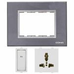 CONA Combo Set of STATUS-Switch, Socket and 3M Modular Plate- 9386-1 Way Modular Switch 16A White,9421-International Socket 6/13A White and 10503-Glassic 3M Modular Plate for Home,Office,Shop,etc