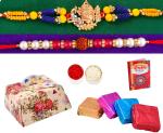 Set of 2 rakhi with sweets for brother/Set of 2 gold plates designer rakhi for brother/Rakhi for brother with gift-Kundan rakhi+Beads rakhi+chocolate box+Rakhi greeting card+Roli chawal