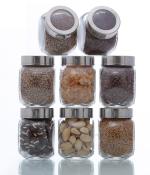 FeeloPie 200ml Spice Storage Glass Jar, Kitchen Storage Jars, Honey Jar and Container, Spice Masala Jar, with Airtight Stainless Steel Lid (Set Of 8)