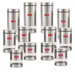 HAZEL Stainless Steel Masala Container | Set of 12 Transparent Masala Boxes for Kitchen I See Through Small Container for Spices I Capacity of 500 ml, 700ml, 1000 ml, Silver Matt Finish