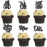 Festiko Happy Father's Day Cupcake Toppers in Black Glitter (Set of 6 Pcs), Father's Day Cake Toppers, Fathers day Decoration Items