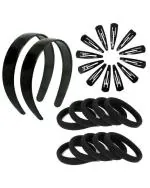 LYTIX Black Synthetic Plain Hair Band, 12 Rubber Band and 12 Metal Tic Tac Hair Clip
