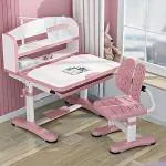 StarAndDaisy Smart Kids Multifunctional Wood Study Table and Chair with LED Lamp /Bookshelf Pink