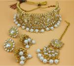 Gyaan Jewels Handmade Shop Global Gold Plated Alloy Necklace, Earring and Maang Tikka Set White (Women, Girls) Free Size