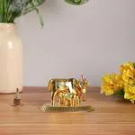 DARIDRA BHANJAN-Metal Kamdhenu Cow with Calf Gold Finish Kamdhenu Cow Brass Handicraft for Home Decor Gift Item.(LxBxH)-(8x7x9)cm.