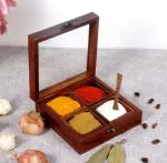 Creation India Craft Wooden Spice Box (Masala Dani) With Glass on Top & Spoon Table With 4 Divided Partitions (Sheesham Wood)