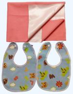 Maalove Combo of Baby Soft Breathable Washable Small Drysheet 50x70cm 1 unit Blue and Feeding Bibs Pack of 2 Pink