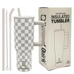 House of Quirk 1200ML Stainless Steel Tumbler Hot and Cold with Handle and Lid 2 Straw, Double Insulated Cup 100% Leak Proof Mug Cupholder for Gym, Travelling (Oatmeal Check)