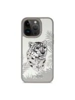 TREEMODA Santa Barbara Embroidered Snow Leopard Series Leather White Back Case Compatible for iPhone 15 Pro.