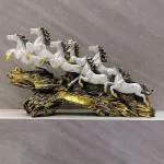 NAYRA HANDICRAFTS Marble Seven White Horses | Stylish Antique Handcrafted Idols for Home Decoration | White & Gold Color | 45L x 14W x 27H cm