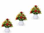 KANRAJ Set of 3 Mini/Small Artificial Plants with Pot/Vase for Home and Indoor Decoration Artificial Flowers with Pot (Red)