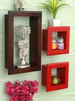 Home Sparkle Brown Red Wood Frame Design Wall Shelves For Living Room (Set of 3) 24X28.5X46 cm