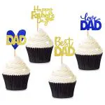 Festiko Happy Father's Day Cupcake Toppers in Gold & Blue Glitter (Set of 4 Pcs), Father's Day Cake Toppers, Fathers day Decoration Items
