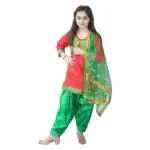 Kaku Fancy Dresses Indian State Punjabi Folk Dance Costume for Kids/Salwar Suit with Dupatta For Girl Costume - Red & Green, 3-4 Years