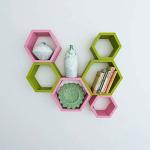 FIANAAF ENTERPRISE Hexagonal Honeycomb Shape Wall Mount Shelf Wall Rack Floating Shelves for Home Decoration, Living Room Kitchen Bedroom Storage Office Shelves Set of 6 Green and Pink