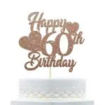 Festiko Rose Gold Glitter Happy 60th Birthday Cake Topper, Hello 60, Cheers To 60 Years, 60th Birthday Decorations, 60 Fabulous Party Supplies