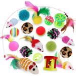Qpets Cat Toys Kitten Toys Cat Toy for Indoor Cats Cat Feathers Wand Cat Interactive Toys Set with Mouse Mice Balls and Bells Toys for Cats Kitty Kitten Cat Games and Toys (20 Pcs) (Red)