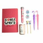 THE CUBBY CART 9 Pcs Donut Worry Diary Journal Combo | Gift Set | Donut Worry Notebook | Umbrella Pen | Wooden Pencils |Donut Erasers | Paper Soap | Wet Wipes (Donut worry combo)