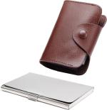 StealODeal Silver Brown Leatherite Case With Steel 15 Card Holder (Set Of 2)