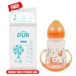 PUR Feeding Bottle with handle, Bottle with Nipple for Baby (250ml, Orange)