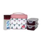 Lock & Lock Triangle Red Plastic Lunch Box 470 ml (2 pcs) & Bottle 300 ml with Bag