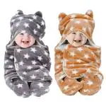 OYO BABY Baby Blankets New Born Combo Pack of Hooded Wrapper Sleeping Bag and Baby Bath Towel for 0-6 Months Baby Boys and Baby Girls, Gray & Beige Pack of 2
