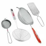 Kitchen Expert Stainless Steel Combo of Soup Strainer, Puri Jhara, Tea Strainer & Ginger Grator | Strainers for Kitchen | Channi Set for Kitchen | (Set of 4 Pcs), 6 X 12 X 2 centimeters,Silver