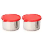 Oliveware Magic Stainless Steel Containers | Airtight Lids - Store Food in Plastic Free Container | Spill Proof (Red, Set of 2 - 600ml)
