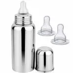 PGD Plain Silver Stainless Steel Baby Feeding Bottle, Extra Long (0-24 months) - 300 ml
