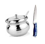 BLUE WONDER Stainless Steel Multipurpose Ghee Pot/Pickle Container with Spoon With Kitchen Vegetables Cutting Heavy Knife and (Multicolour, Pack of 2)