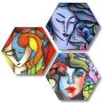 ARTUP Glass Modern Art Set of 3 Hexagon Wall Decor, Self adheshive Painting, Digital Reprint, 17 Inch X 17 Inch