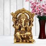 ARTVARKO Brass Ganesha Sitting on Lotus Singhasana with Kalash and Mouse Idol Statue - 7.5 inch