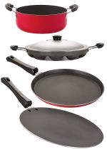 Nirlon 4 pcs of Red, Black 3 Layer Non-stick Aluminium Coated Kitchenware Essential Combo Set with Bakelite Handle Standard