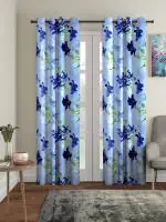 Home Sizzler 2 Pieces 3D Flower Eyelet Polyester Long Door Curtains - 9 Feet, Blue