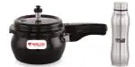 NIRLON Induction Base Hard Anodized Aluminium Outer Lid Handi Pressure Cooker, Black, 3 Litres with Stainless Steel Singel Wall Ozone Water Bottle 1000ml