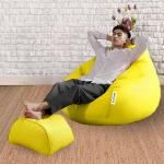 Macca Faux Leather Yellow Bean Bag With Stool With Beans - X-Large (Set Of 2)