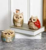 TAYHAA Multicolour ceramic Owl showpiece set doubled as Piggy bank