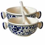 Craftghar handled Soup Bowls set of 2, Ceramic painted with 2 Spoons (Blue, 500 ml)