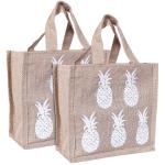 Kuber Industries Lunch Bag|Reusable Jute Fabric Tote Bag|Pineapple Print Tiffin Carry Hand bag with Handle For office,School,Gift,Pack of 2 (Brown)